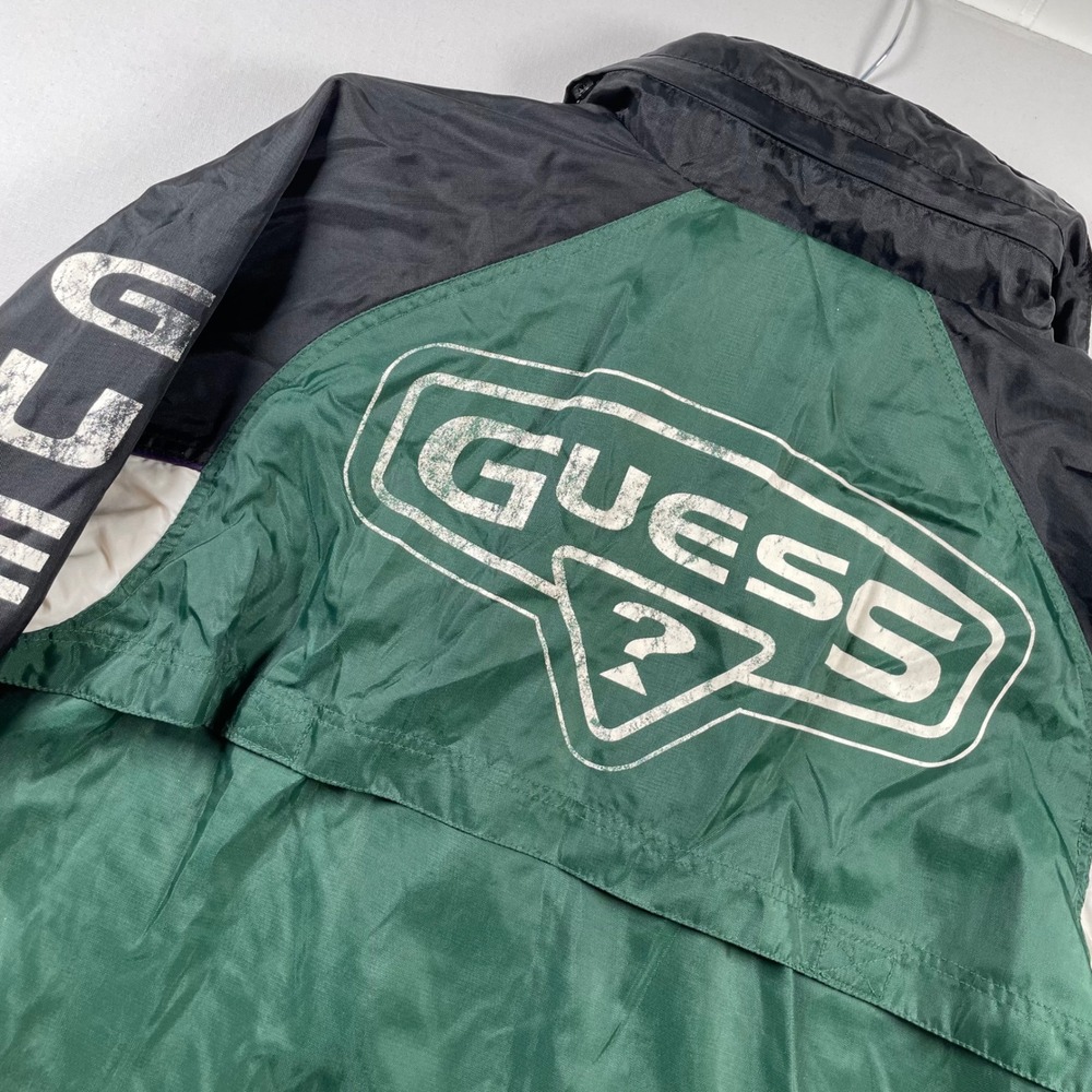 Vintage Guess Windbreaker Jacket Mens Large Green Black Colorblock Hooded Logo